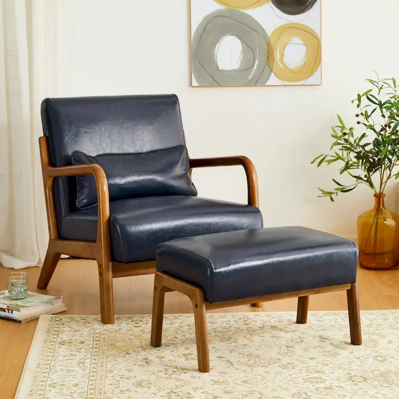 Glitzhome 30.75 H Mid-Century PU Leather Armchair with Ottoman Set