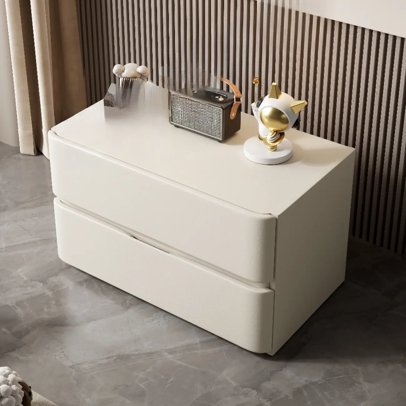 Modern Stone Top Wooden White Bedside Table 2 Drawers