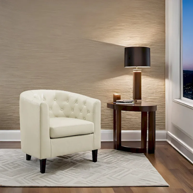 Accent Chair, Button Tufted Faux Leather Barrel Chair, Midcentury Modern Accent Chair, Comfy Armchair, Tub Barrel Chairs