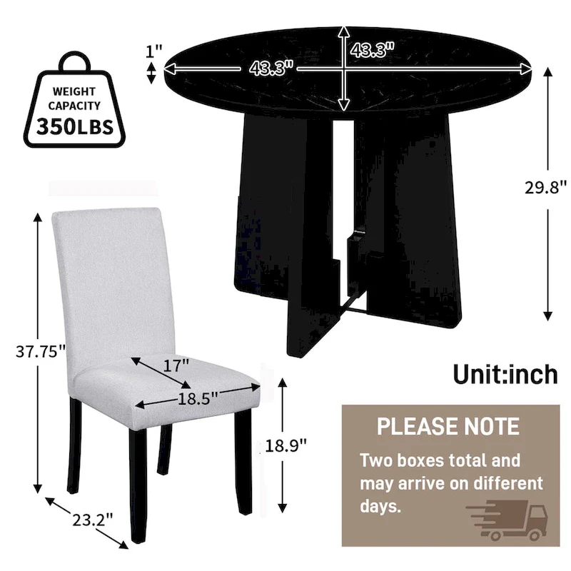 5 Pcs Wood Kitchen Table and Chair Set, 4 People Round Dining Table Set with Faux Marble Top and 4 Upholstered Chairs