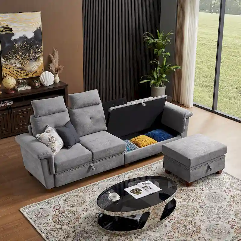 109 Modern 4 Seaters Towelling Sectional Sofa with Hidden Coffee Table Adjustable Headrest and Large Storage Space