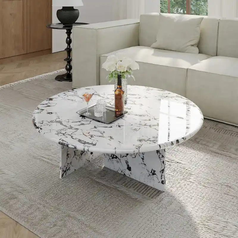 35.43Modern Round Coffee Table,Glossy Faux Marble Table top