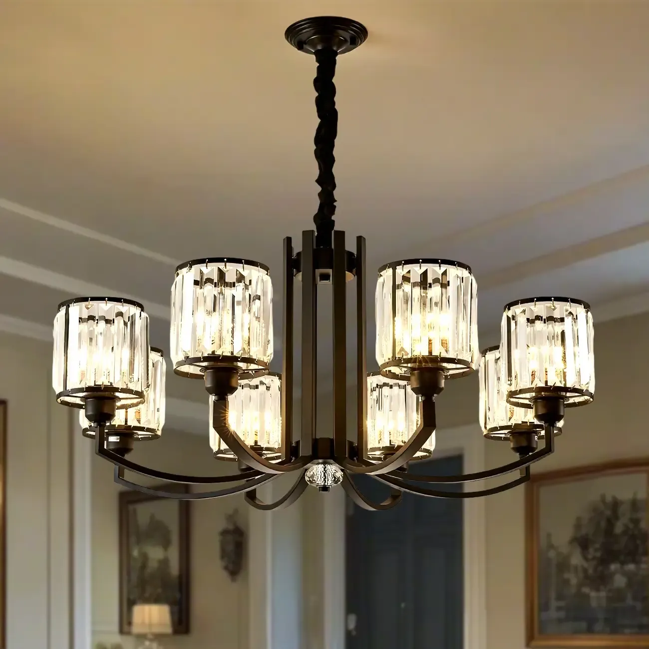 Modern Black Metal Wheel Cylinder Shape Crystal Chandelier for Living Room Hall