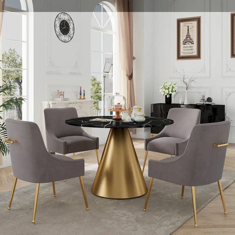 Clihome 5 Piece Black Marble Top Table with Velvet Dining Chair Set