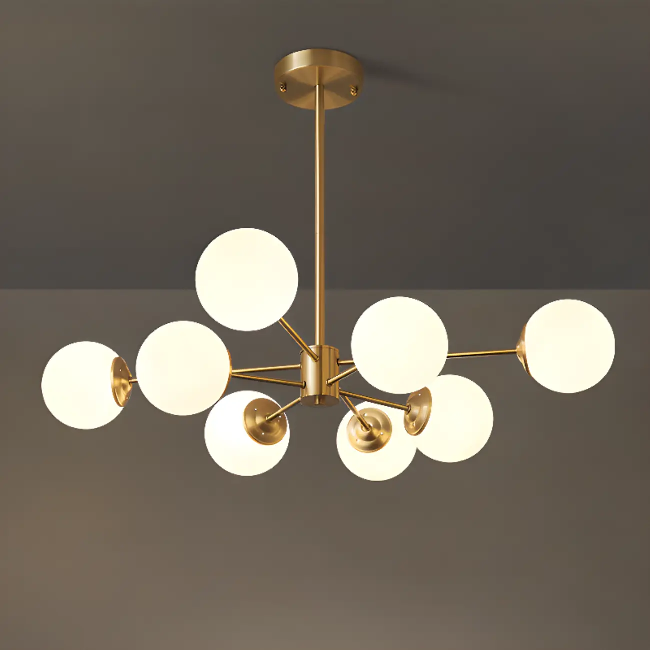 Modern Gold Sputnik Chandelier with White Glass Globe