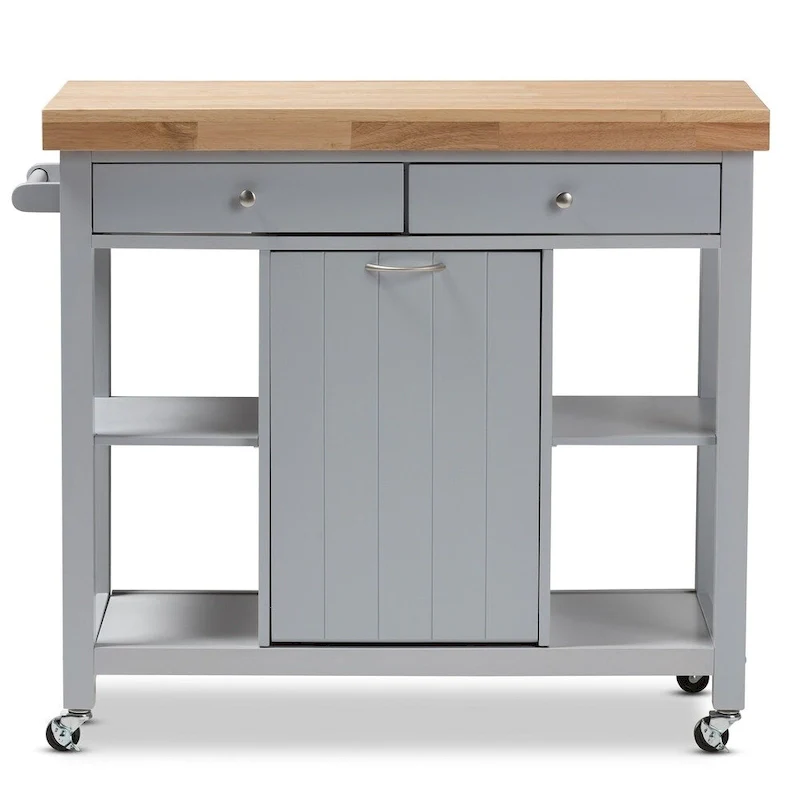 Farmhouse Grey Wood Kitchen Cart with Rubberwood Top