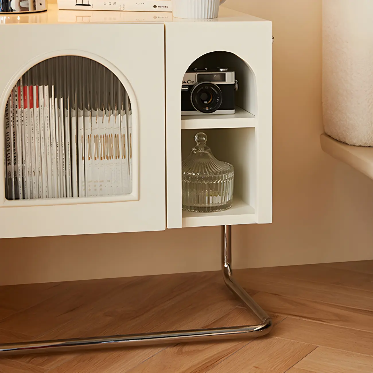 Narrow Cubic Wooden Black Nightstand in Steel Base