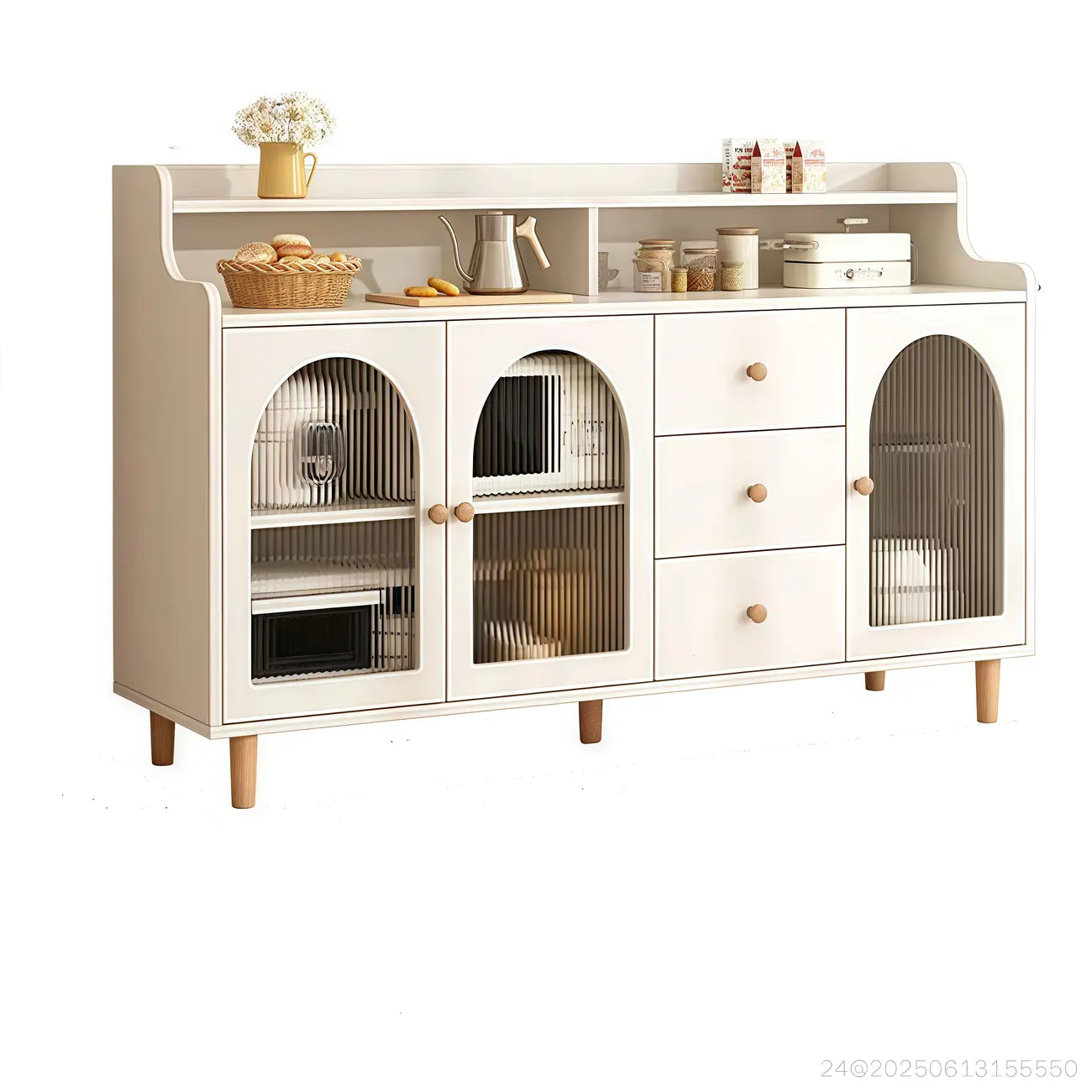 Kitchen Natural Wood Open Shelving 3-Drawer Sideboard