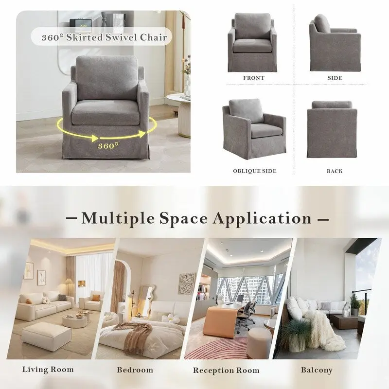 Chenille Upholstered Swivel Accent Chair wSkirted and Metal Base