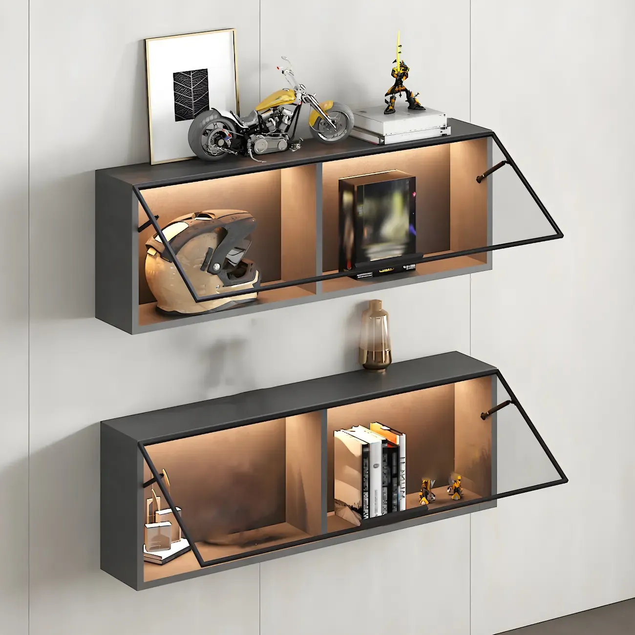 Black Wall Mount Wood 2-Cube Display Cabinet with Light