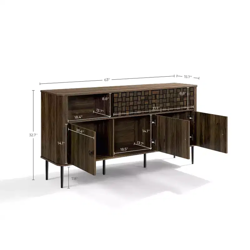 Dark Oak Mid-Century Modern 3-Door Sliding Sideboard Buffet Cabinet