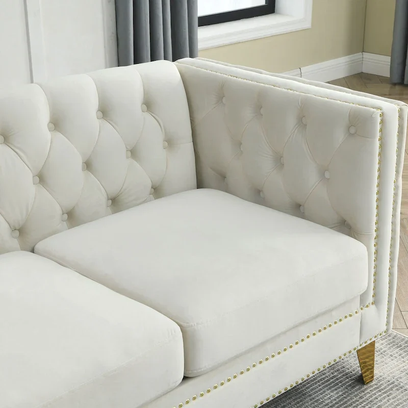 Velvet Upholstered 3 Seat Sofa, Classic Chesterfield Couch Buttons Tufted Square Arm Sofa with Nailheads and Metal Legs