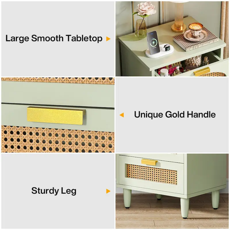 Wood and Rattan 3-Drawer Nightstand with Metal Handles