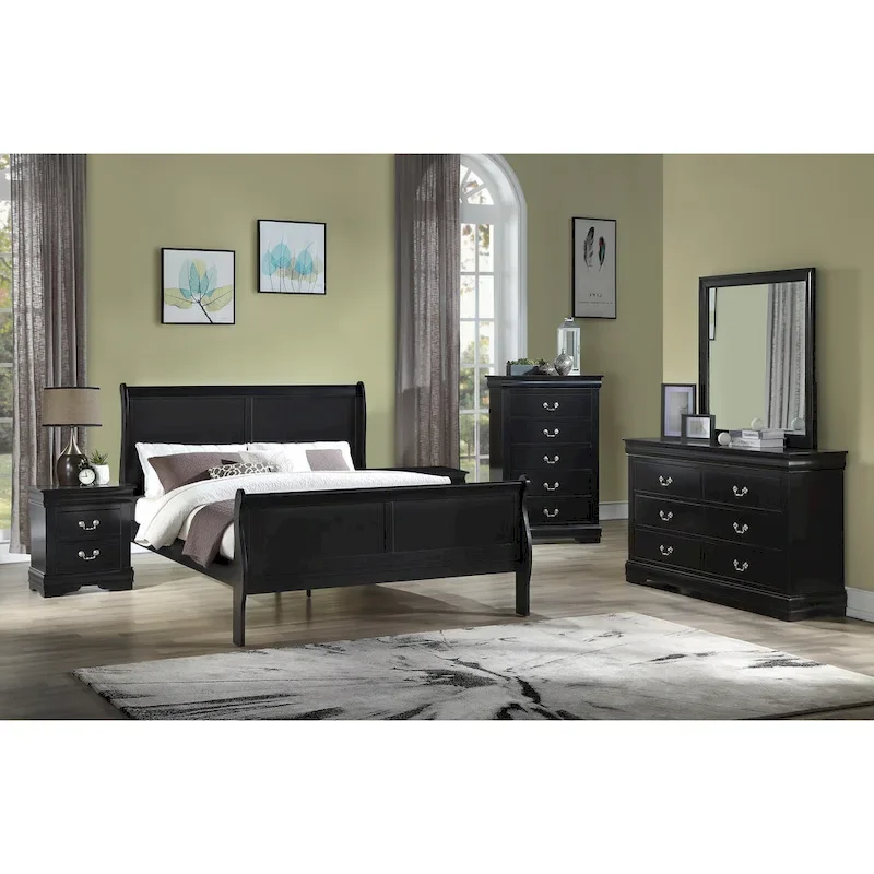 Lillie 6 Piece Black Wooden Sleigh Bedroom Set