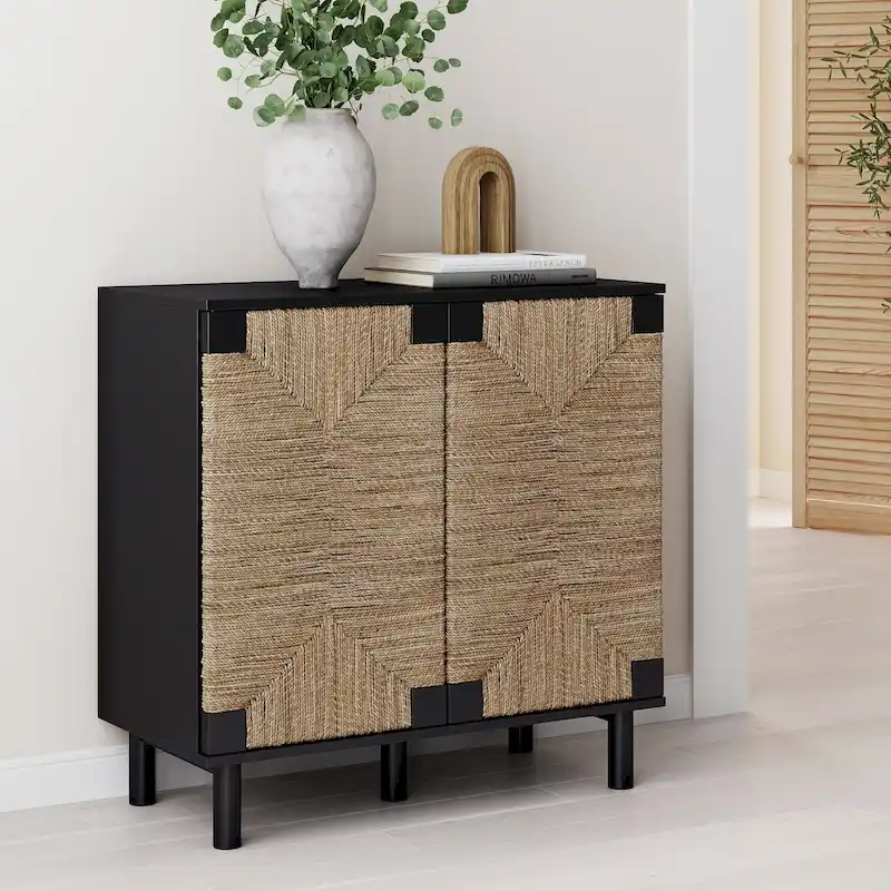 Nathan James Beacon Wood Accent Cabinet with Seagrass Doors and Adjustable Shelf