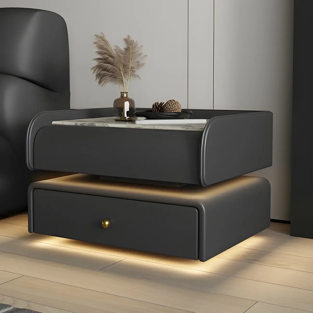 Black LED Marble Top Drawer Storage Nightstand