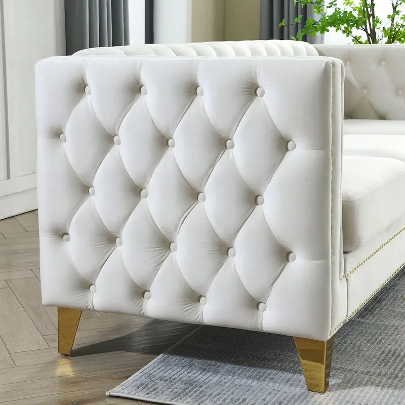 Velvet Upholstered 3 Seat Sofa, Classic Chesterfield Couch Buttons Tufted Square Arm Sofa with Nailheads and Metal Legs