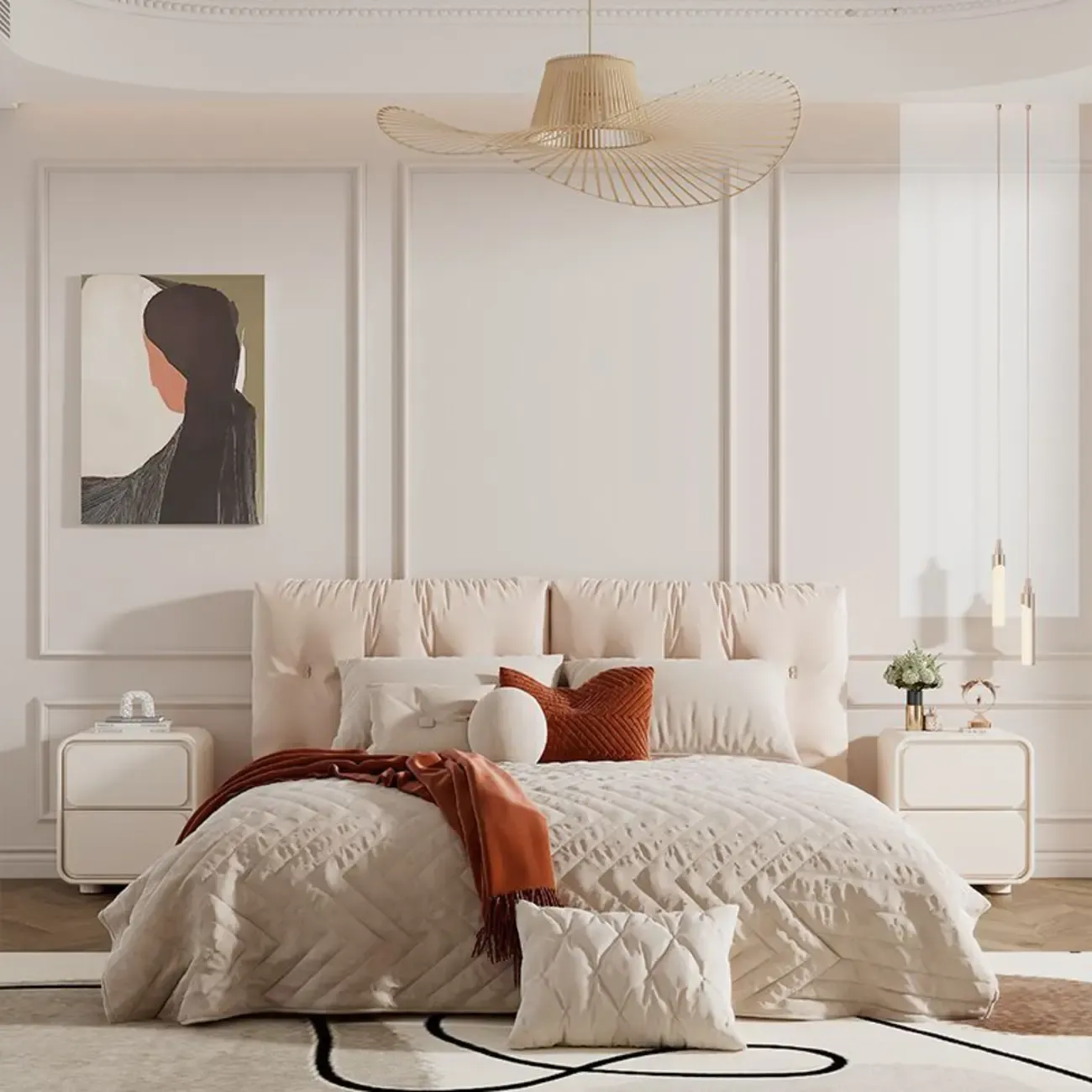 Modern Bedside Table with 2 Drawers - Beige Nightstand