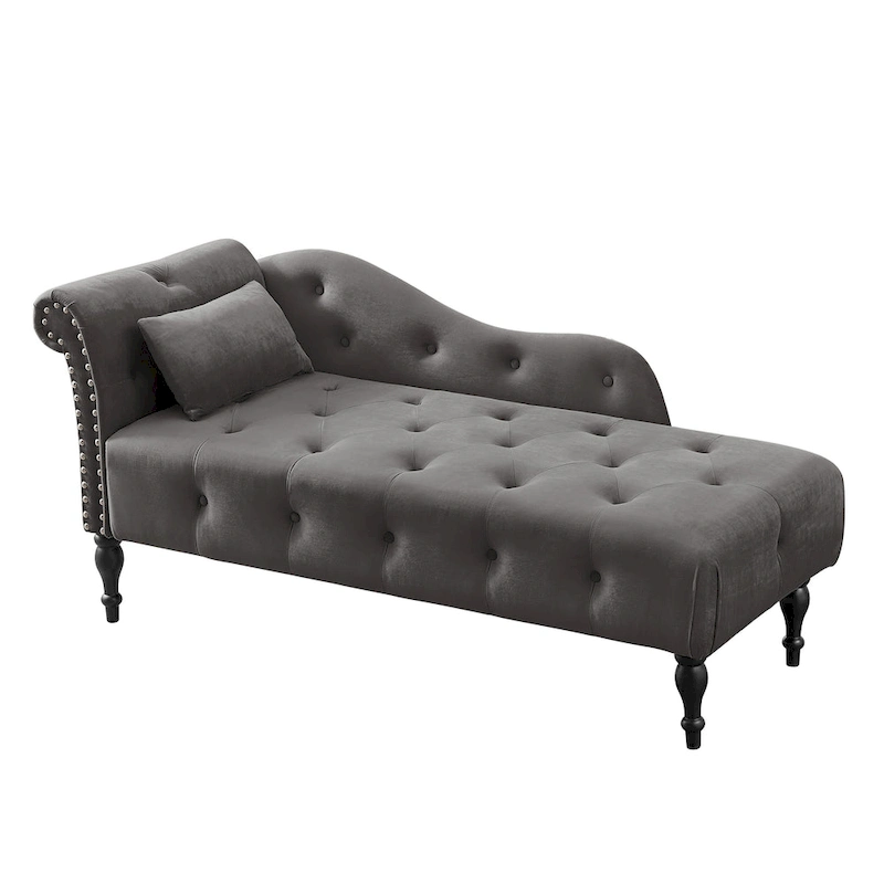 Modern 60.6  Velvet Upholstered Buttons Tufted Chaise Lounge Chair with Solid Wood Legs and Nailheads