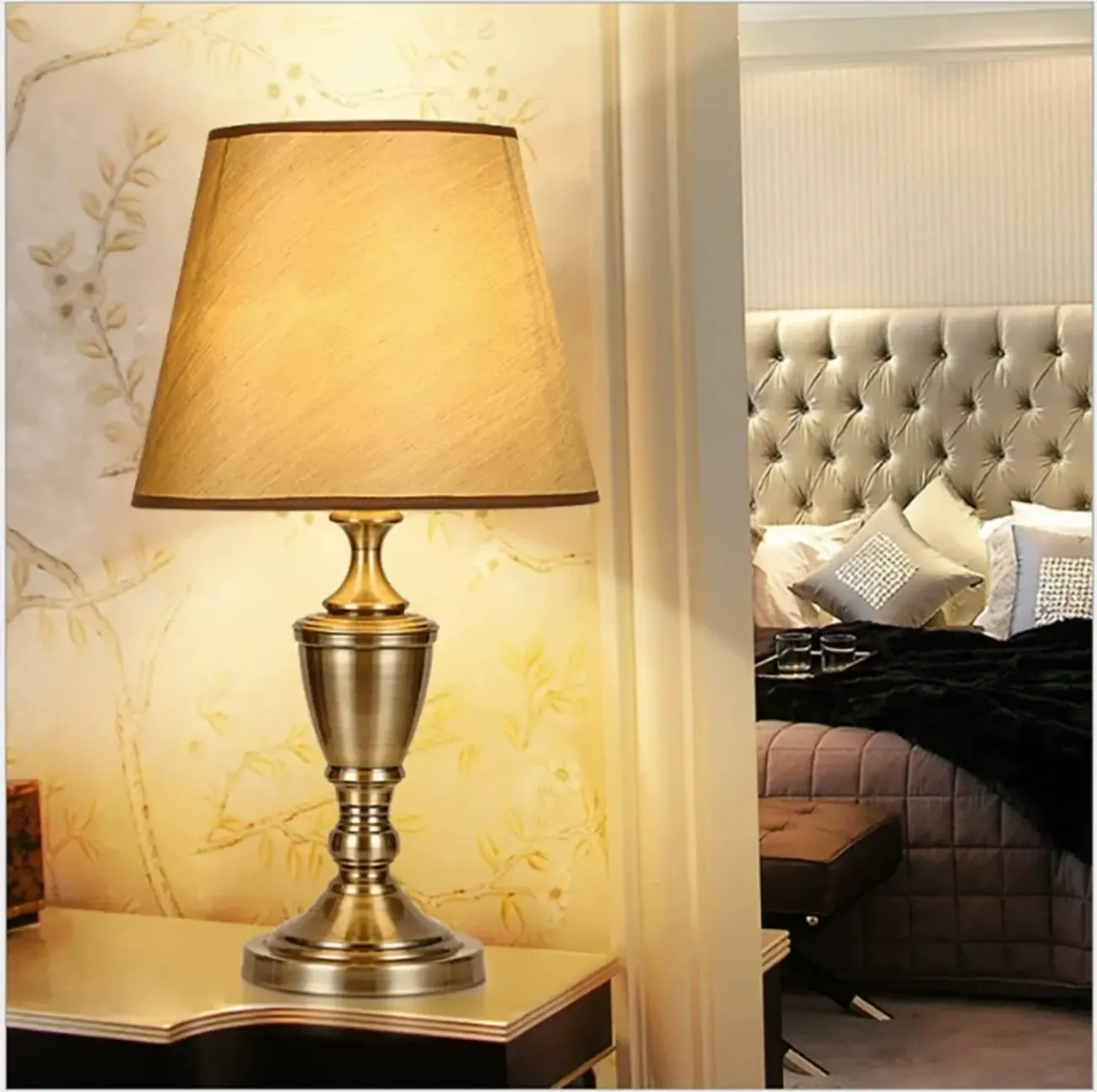Luxury Brass Geometric Table Lamp Plug In Electric for Bedroom
