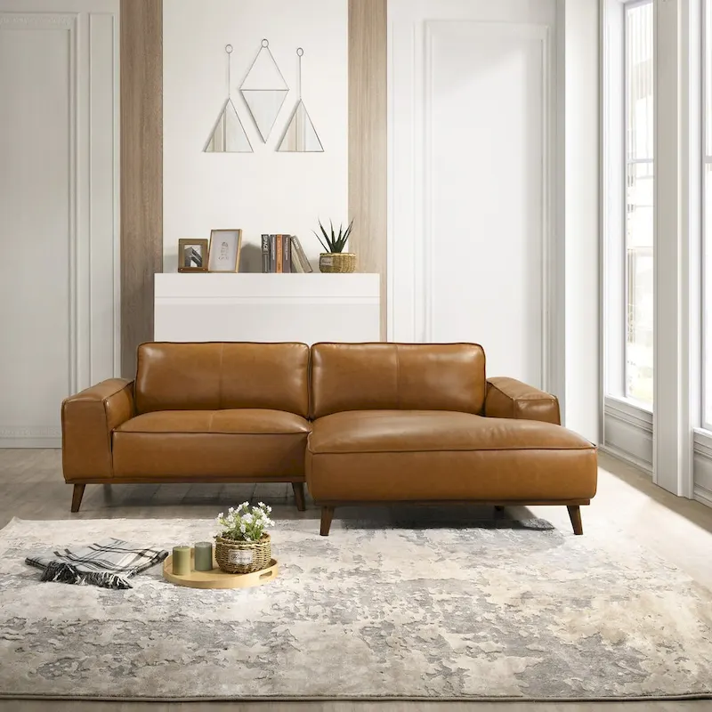 Mid-Century Modern Genuine Leather Sectional Sofa with High-Density Foam, Removable Legs for Living Room