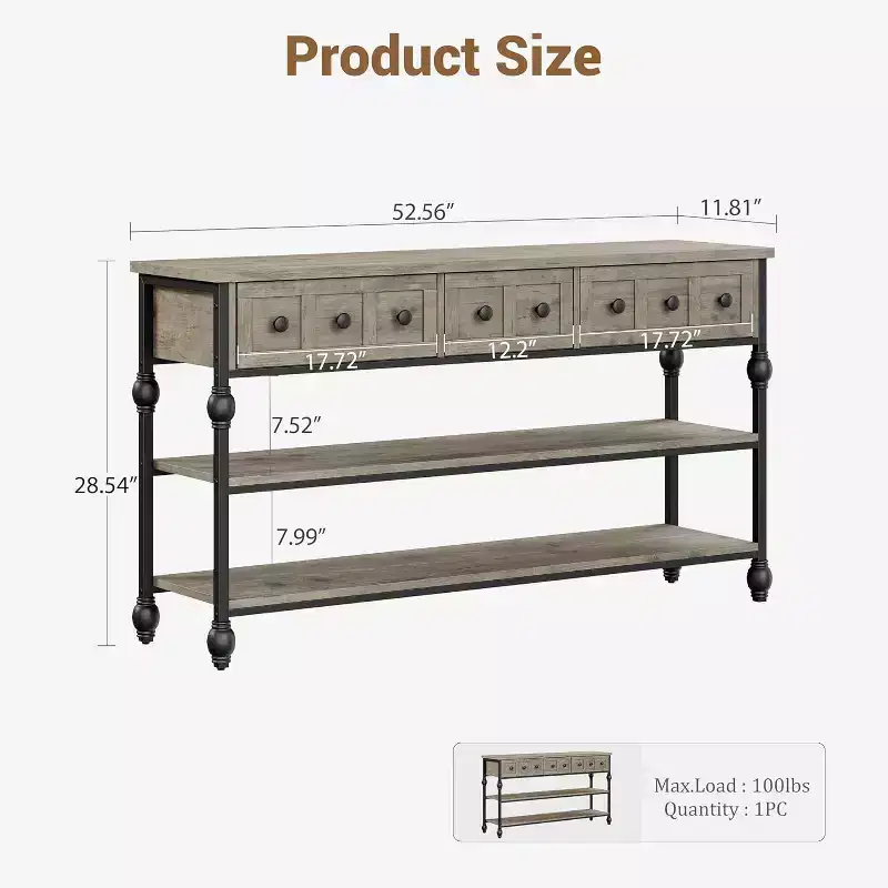 Grey / Retro Color 3-Drawer Industrial Console Table, 3-Tier Metal Frame, 1-Person Assembly
