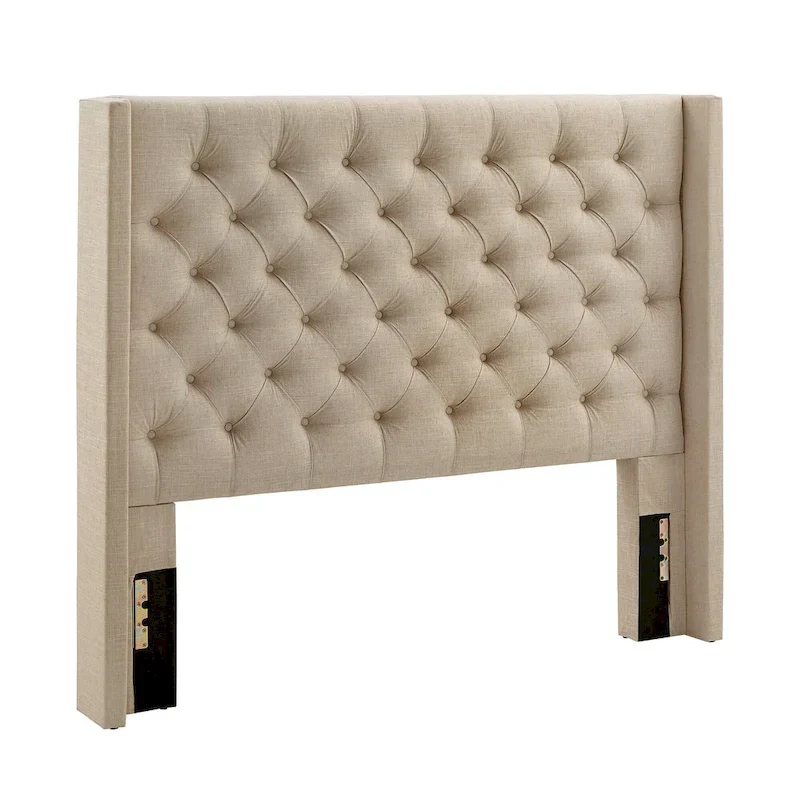 Full Wingback Button-Tufted Headboard, Beige/Dark Grey/Grey, Linen