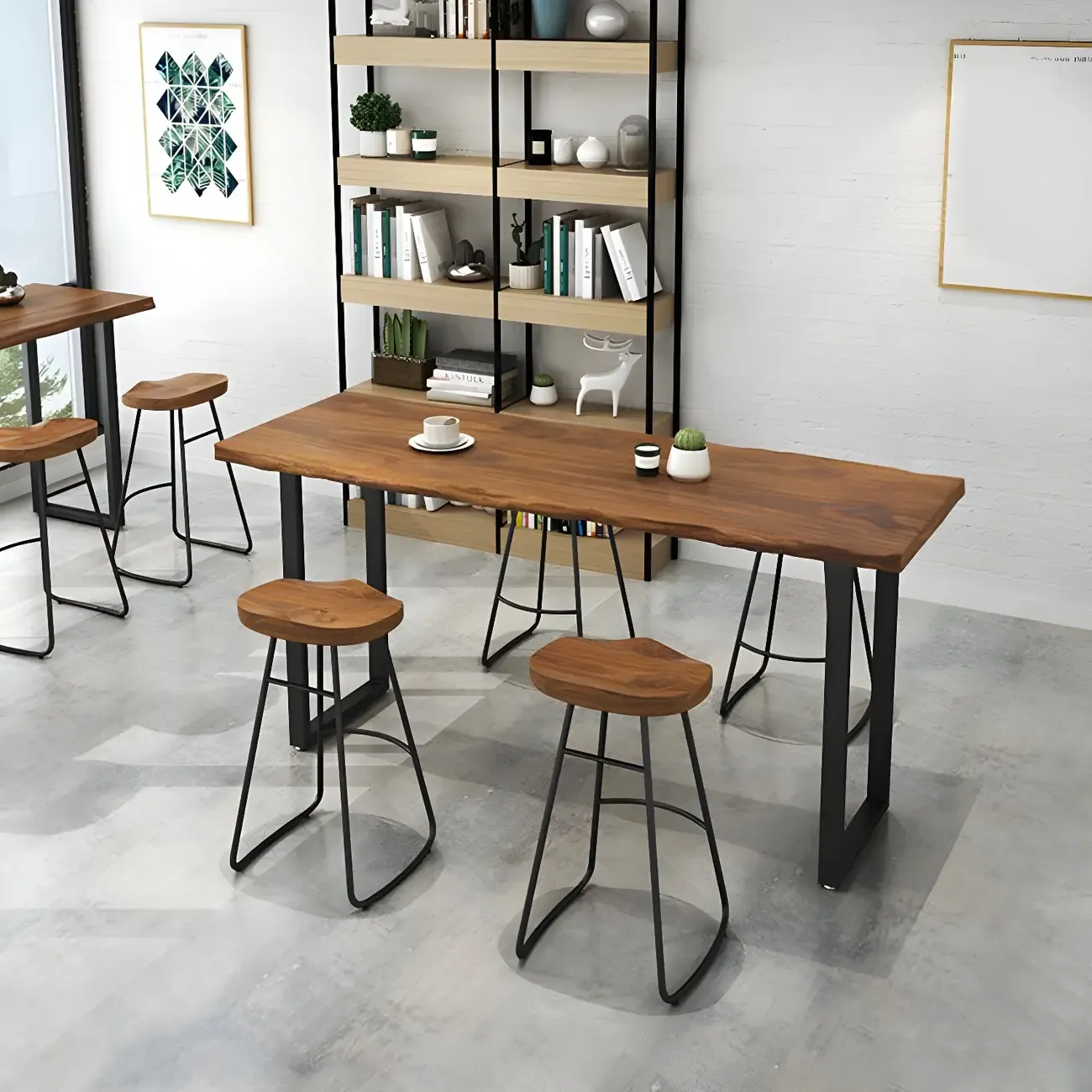 Pine Wood Rectangular Metal Base Bar Table Brown