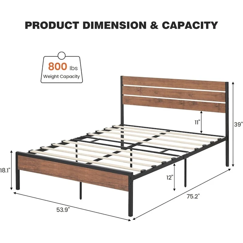 Bed Frame with Wood Headboard, Noise-Free