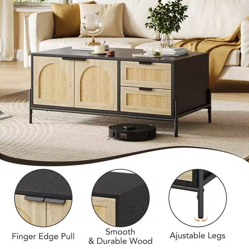 CuisinSmart Farmhouse Rattan Coffee Table, Modern Center Table 2 Drawers Storage Cabinet and Open Shelf, Rectangle End Table for Living Room