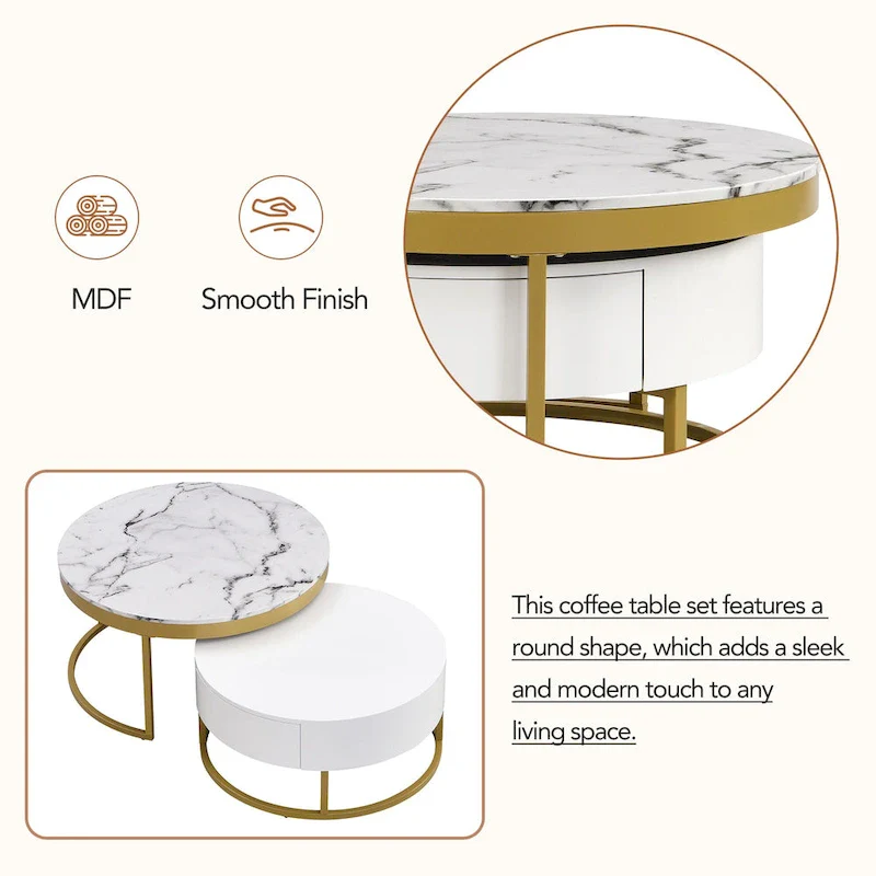 Modern Round Nesting Coffee Table with Drawers