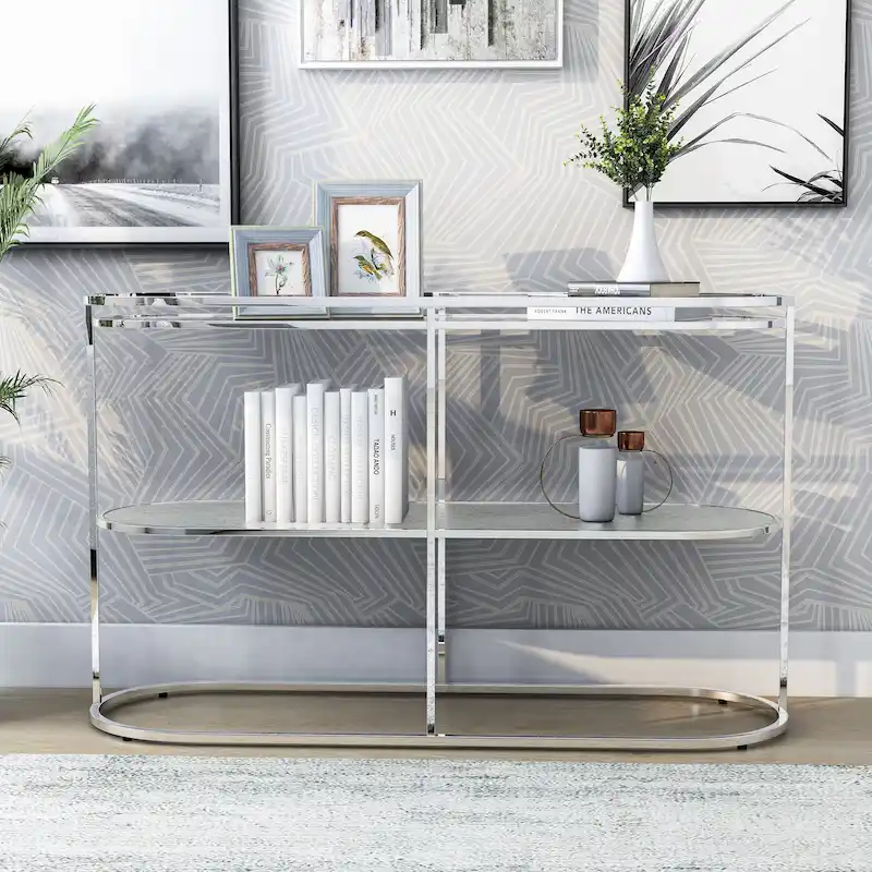 Taylaa Glam Chrome 48-inch Glass Top 1-Shelf Sofa Table by