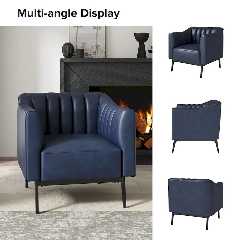 Channel Tufted PU Leather Accent Chair, Navy/Grey/Camel/Brown/Black, Metal Legs, Set of 2