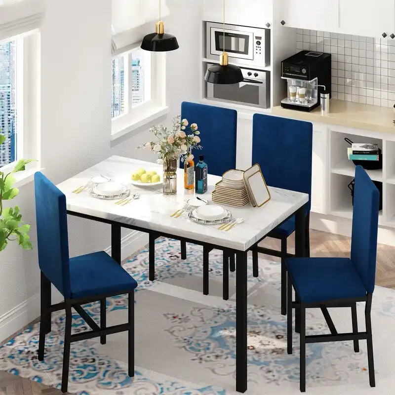 Grondin Modern Style Faux Marble Top 5-Piece Casual Dining Set with 4 Velvet Upholstered Dining Chairs