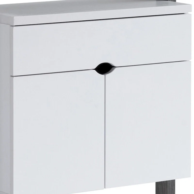 65 Inch Modern Display Cabinet, 4 Shelves, Drawer, Distressed Gray, White