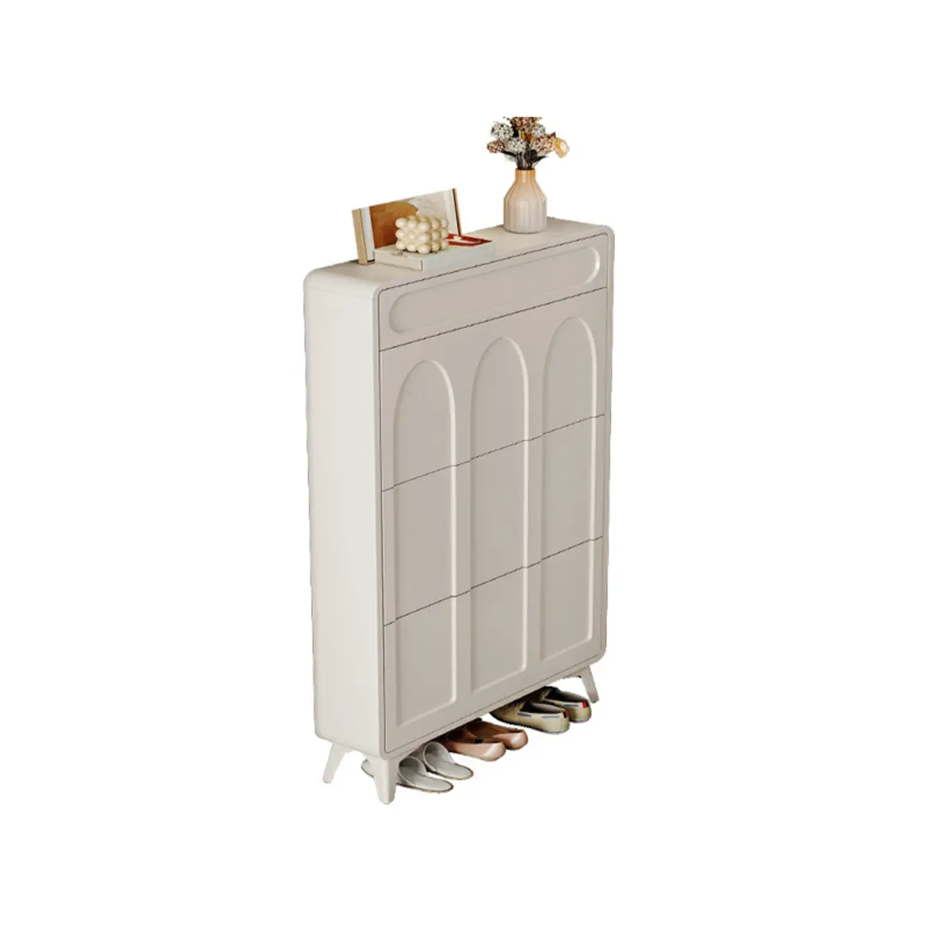 Vertical Slim White Wooden Drop Front Shoe Cabinet