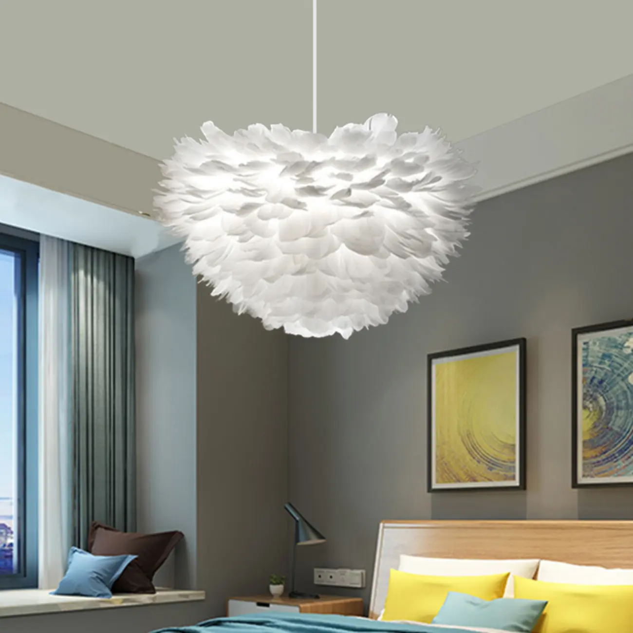 Modern White Feather Pendant Light Height Adjustable