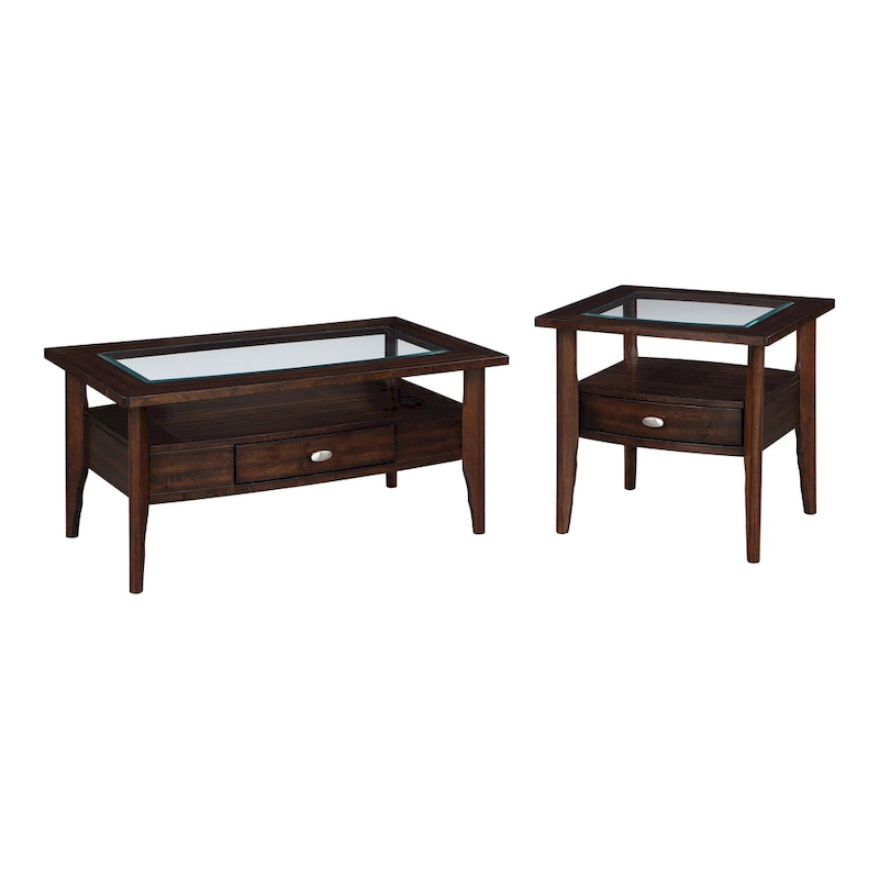 Genoas Traditional Walnut Glass 2-Piece Coffee Table Set with Drawer by Furniture of America