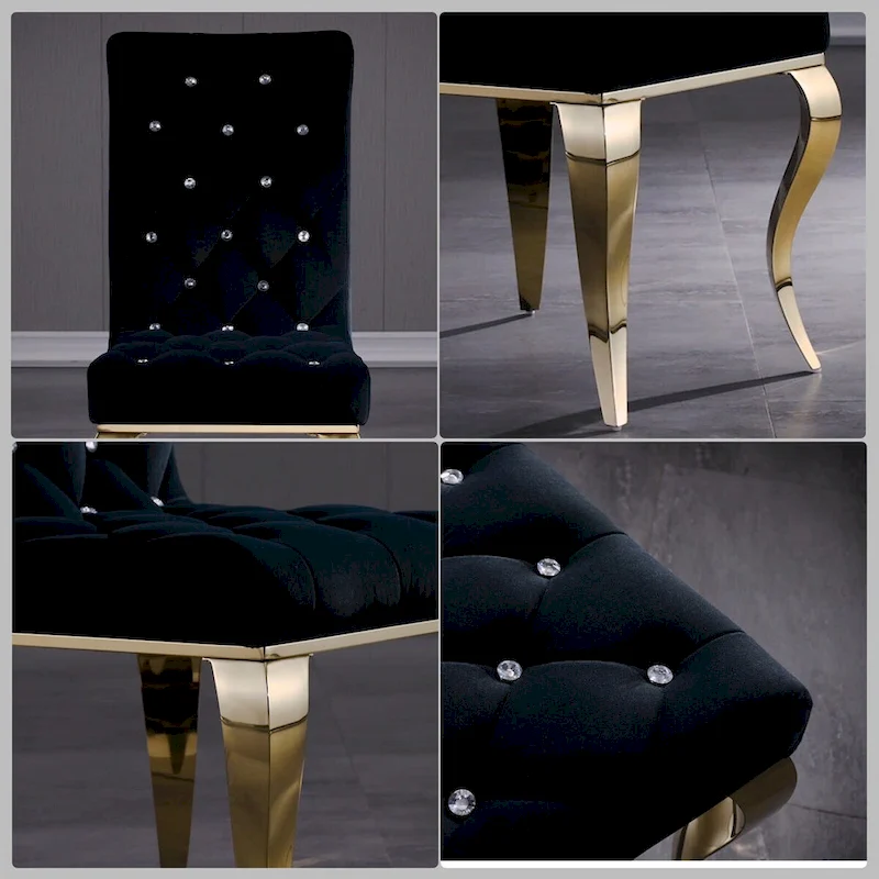 Black Buttons Tufted Dining Chairs with Gold Legs