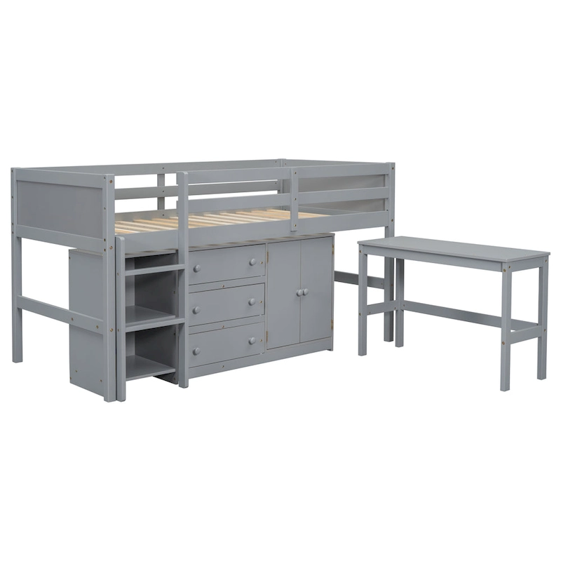 Grey Twin Wood Low Loft Bed with Pull-Out Desk & Drawers