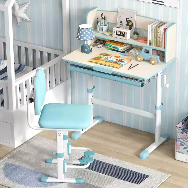 Costway Kids Study Desk with 7-Level Tiltable Desktop Adjustable Height Pull Out Drawer Blue/Grey/Pink