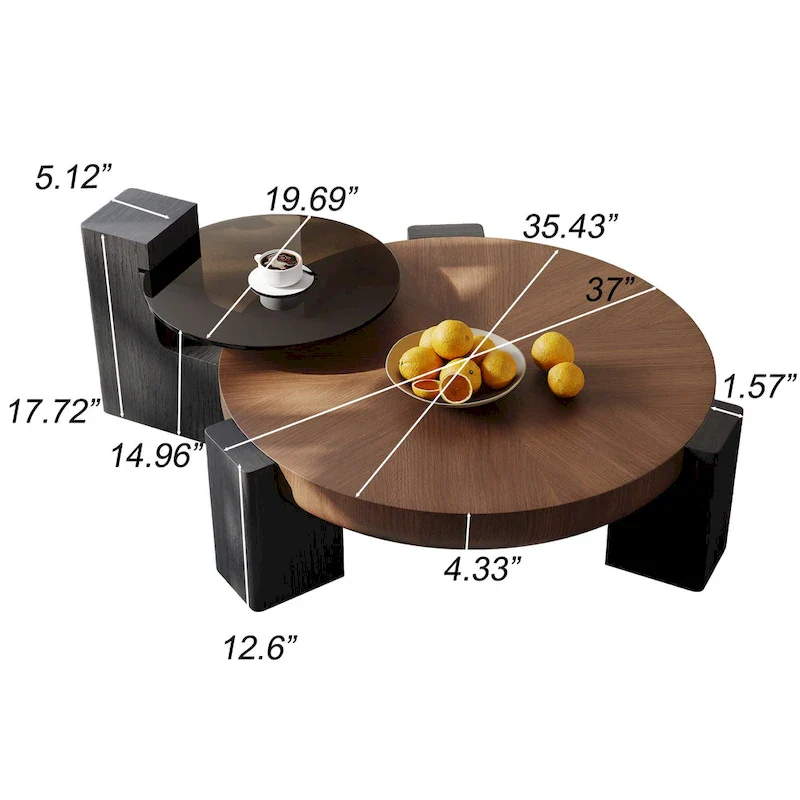 37  Modern Round Nesting Coffee Table,Mid Century Wood Coffee Table, Brown & Black Solid Wood Veneer, Set of 2