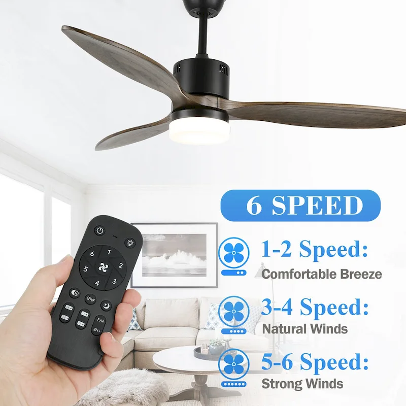 52  Farmhouse Solid Wood Ceiling Fan with Dimmable LED Light, 3-Speed Reversible Ceiling Fan with Remote