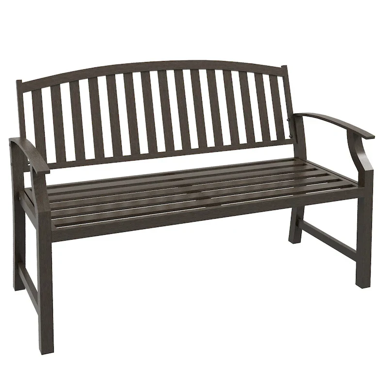 46 Outdoor Metal Garden Bench with Armrests, Tilted Backrest,Wood Look Slatted