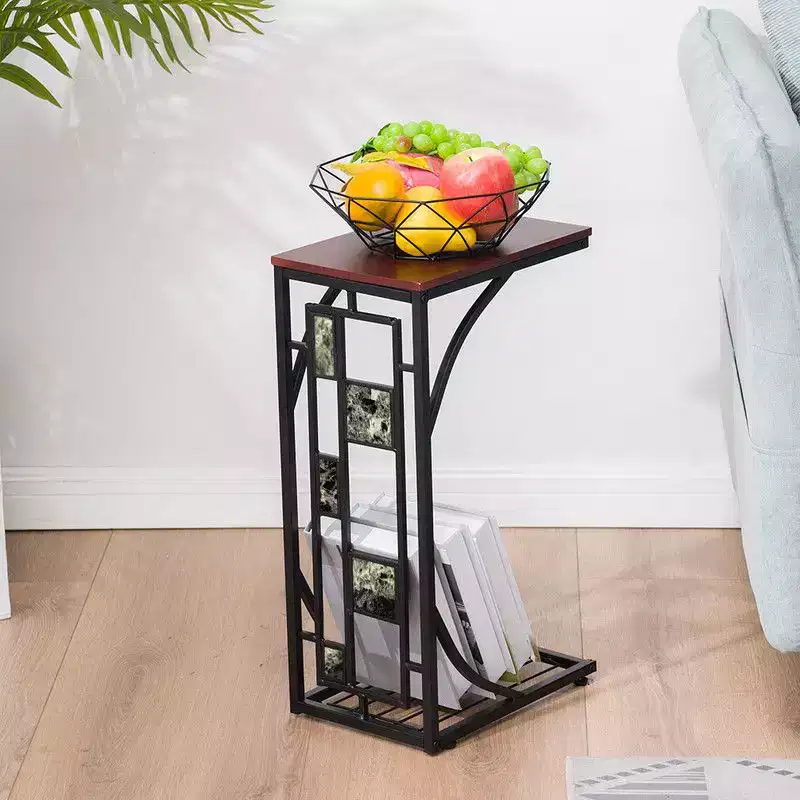 Disassembled and Assembled Single-layer C-shaped Table with Brown Density Board Tabletop, Black Powder-coated Iron Frame, Gravel Pattern Side Table