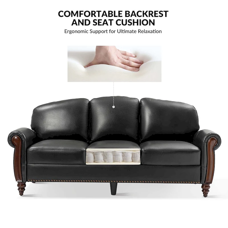 Eduard 84 Traditional Genuine Leather Sofa with Carved Wood Legs by HULALA HOME