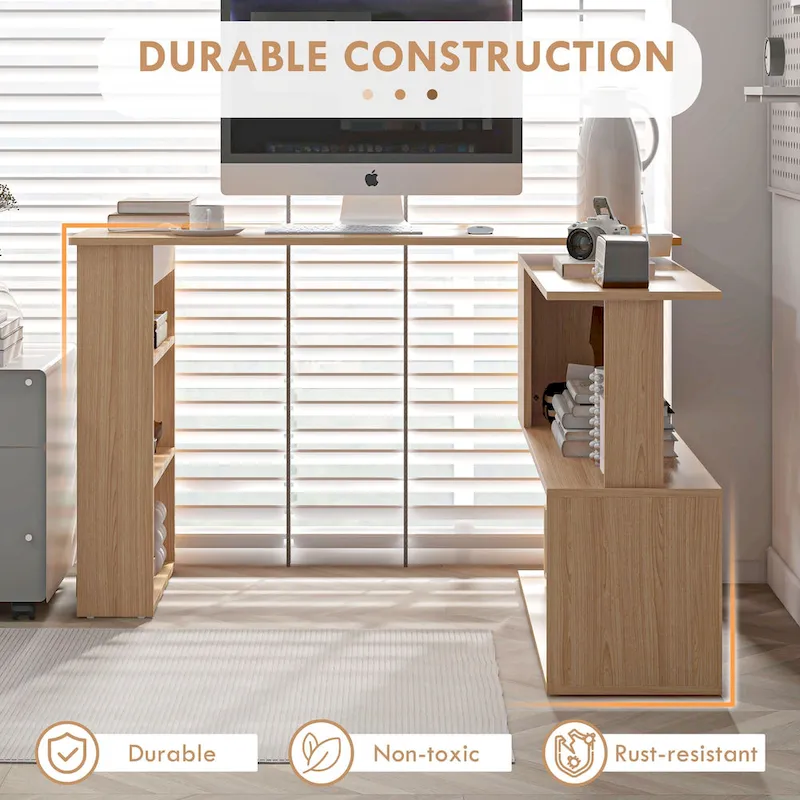 L-Shaped Computer Desk with Shelves - Brown Wood