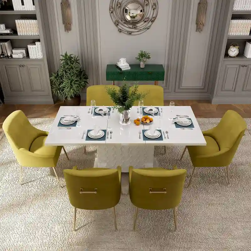7-Piece Clihome High-gloss Extendable Table Velvet Chair Dining Set