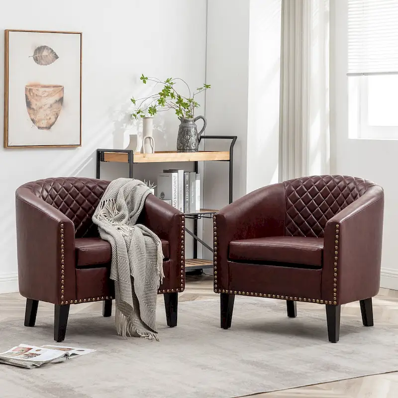 KINWELL 29 PU Faux Leather Club Armchair with Nailheads, Set of 2