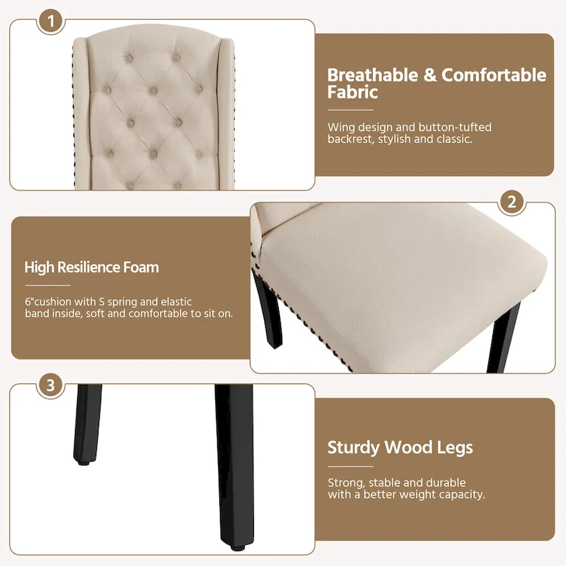 Yaheetech 2pcs Upholstered Dining Chair Button Tufted Dining Room Chair with Nailhead Trims - N/A